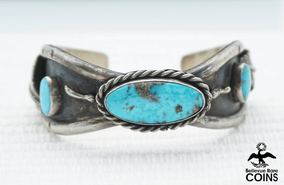 Vintage Southwestern Silver & Turquoise Three-Sto… - image 4