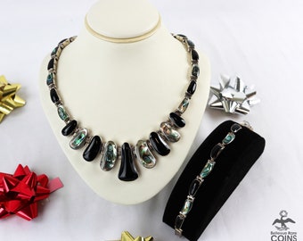 Vintage Taxco Mexico Sterling Silver Abalone w/ Onyx Graduated Necklace & Bracelet Set