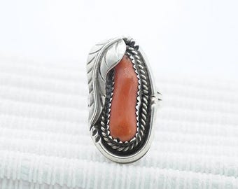 Vintage Southwestern Silver Red Coral Feather Statement Ring