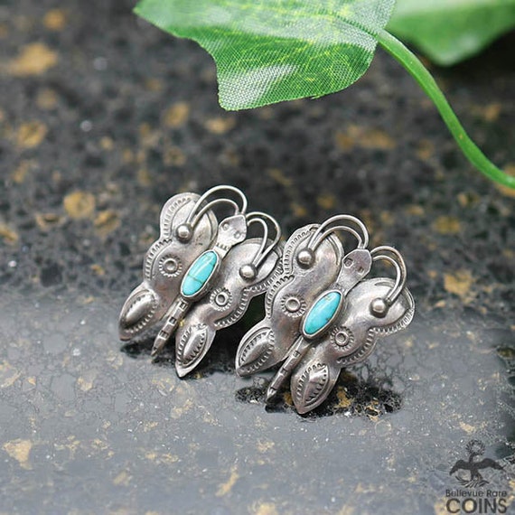 Southwestern Forged Silver Turquoise Butterfly Screw back Earrings
