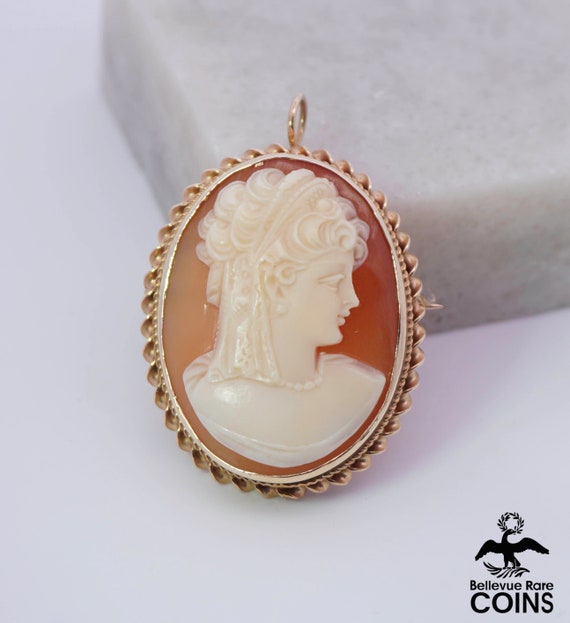 14k Yellow Gold Maiden Cameo Brooch Pendant - image 5