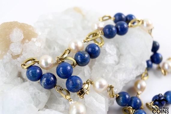 18k Yellow Gold Semi-Round White Pearl & Lapis La… - image 6