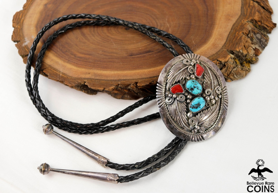 Native Sterling Silver Turquoise & Red Coral Leather Chord Bolo Tie - Etsy
