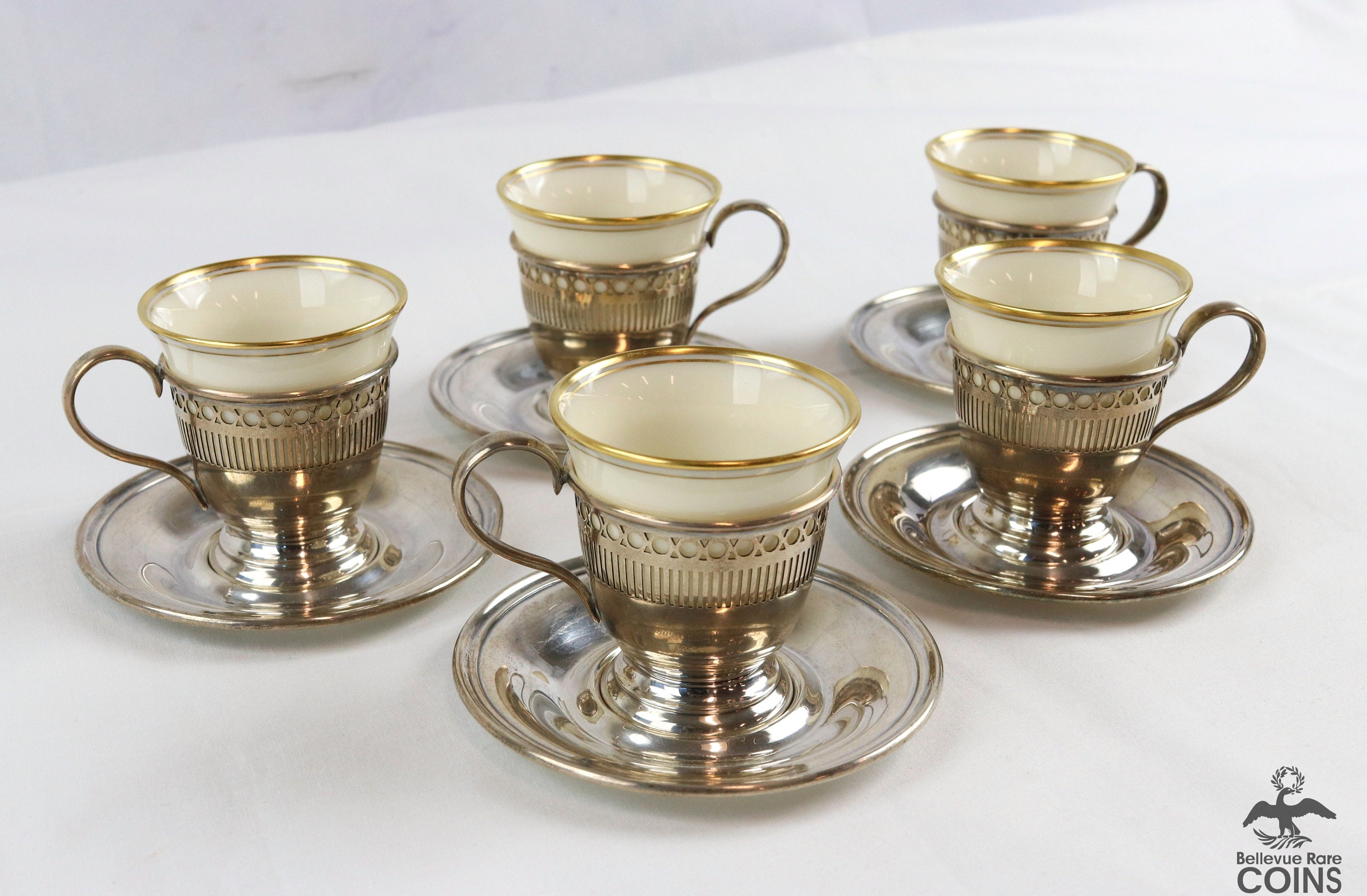 Lenox アンティーク Set of 5: Lenox China Demitasse Cups With Wallace Sterling Silver