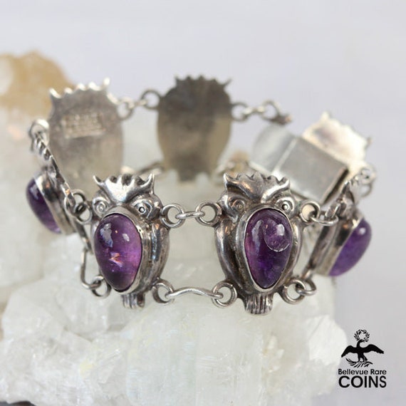 Art Nouveau Mexican Sterling Silver Owl Amethyst … - image 1