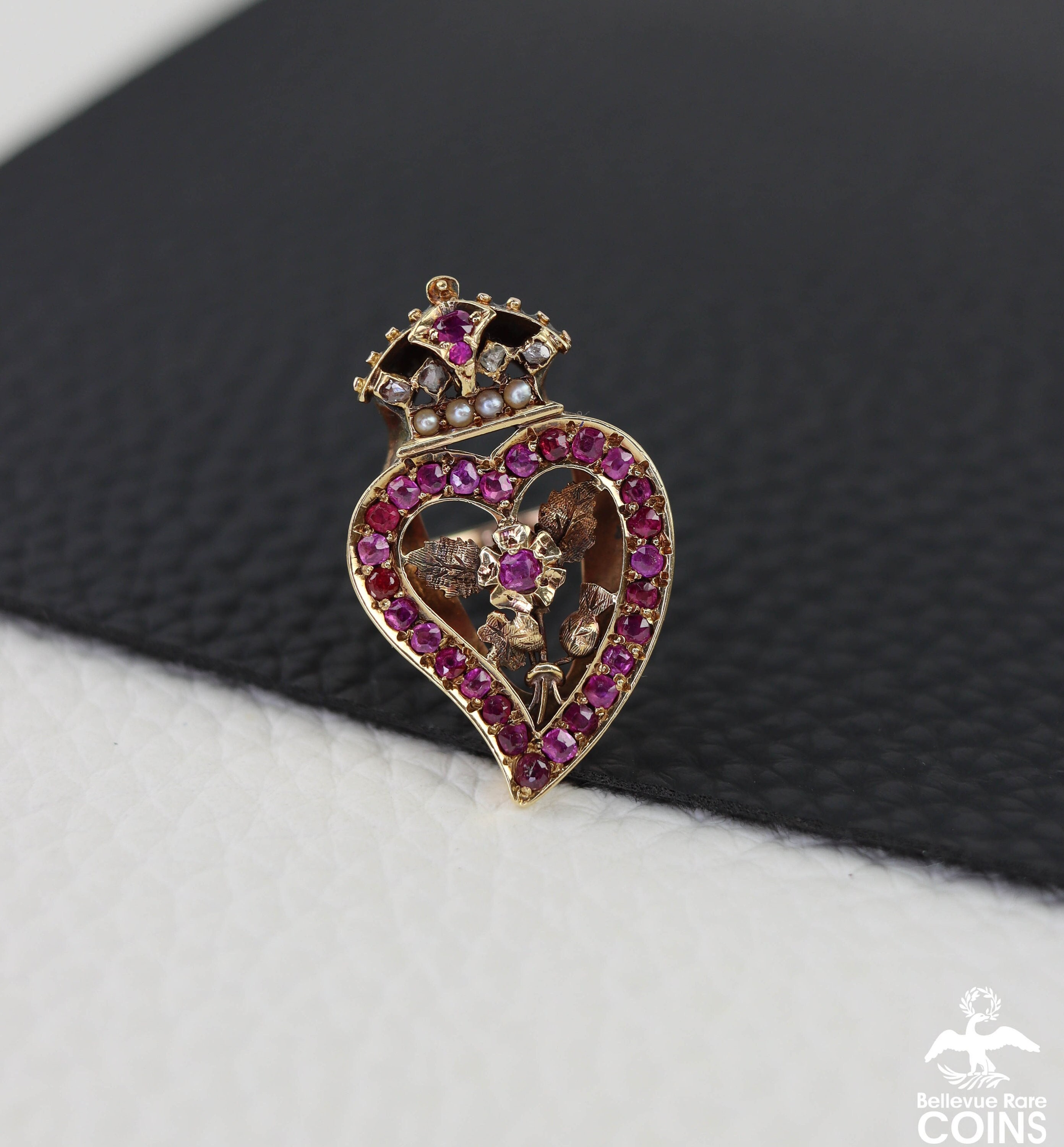 14k Gelbgold Rubin, Diamant & Perle gekröntes Herz Blumenring