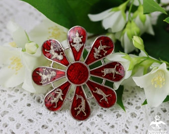 Vintage Thailand Siam Sterling Silver Red Enamel Floral Brooch