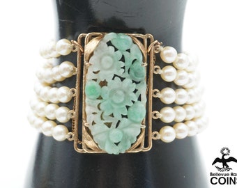 14k Yellow Gold Floral Green-White Jade Multi-Layer Pearl Bracelet