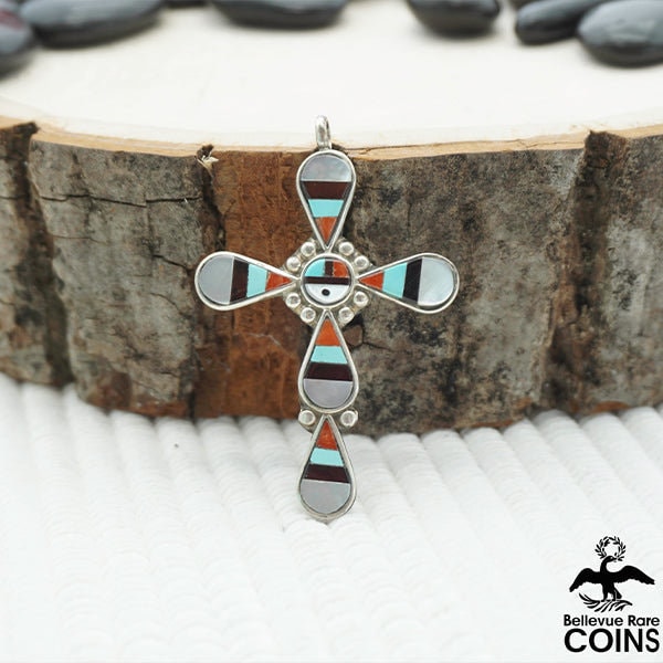 Zeno & Maryann Edaaki, Native Zuni Sterling Silver Multi-Stone Inlay Cross Pendant