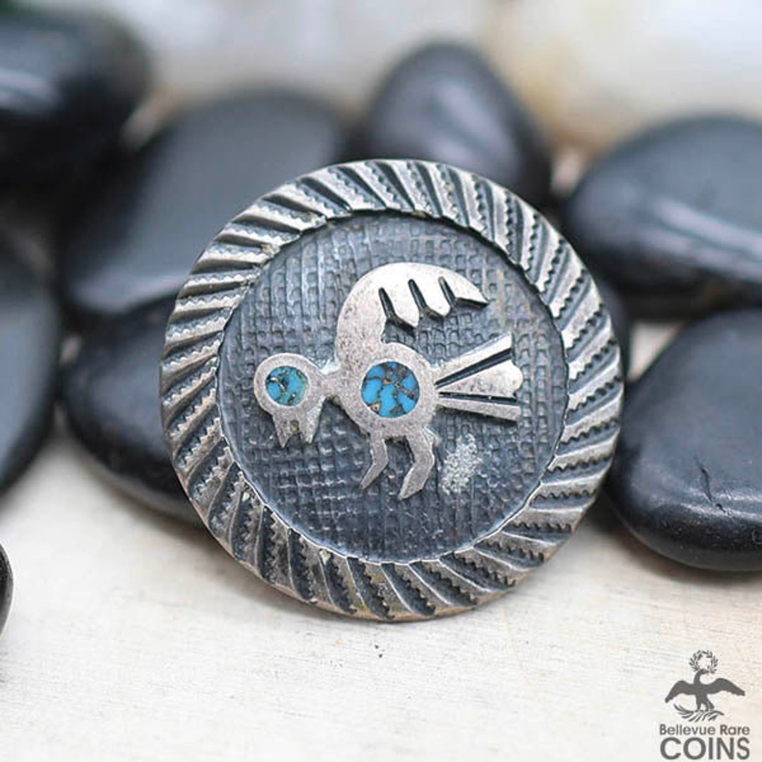 Broche Vintage Fausse Turquoise – Style Sud-Ouest, Ton Argent – Rond, Années 90