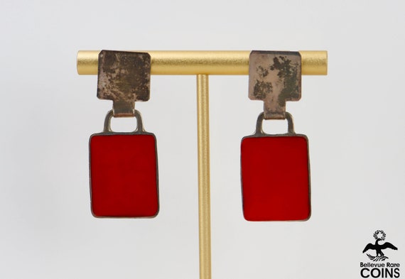 Vintage Red Square Tile & Silver Dangle Earrings - image 2