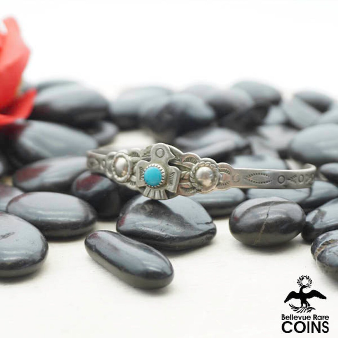 Vintage Nickel Silver Bell Turquoise Decorative Figural Bird Cuff