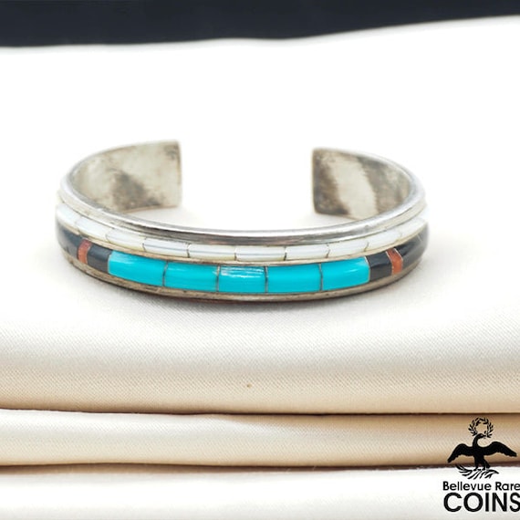 Native American Very Rare Silver Coin Turquoise Inlay Sterling Silver Link Bracelet Native American Very Rare Silver Coin Turquoise Inlay Sterling Silver Link Bracelet