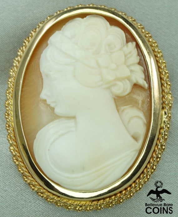 18k Yellow Gold Cameo Woman Floral Hair Victorian… - image 3