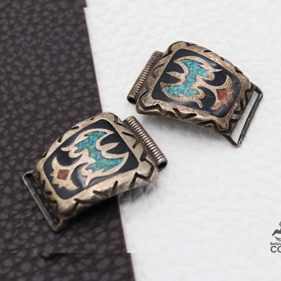 Southwestern Silver Turquoise & Red Coral Inlay W… - image 1