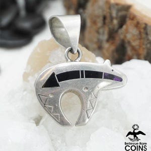 Native Navajo Ray Tracey Knifewing Sterling Silver Onyx Inlay Figural BEAR Pendant