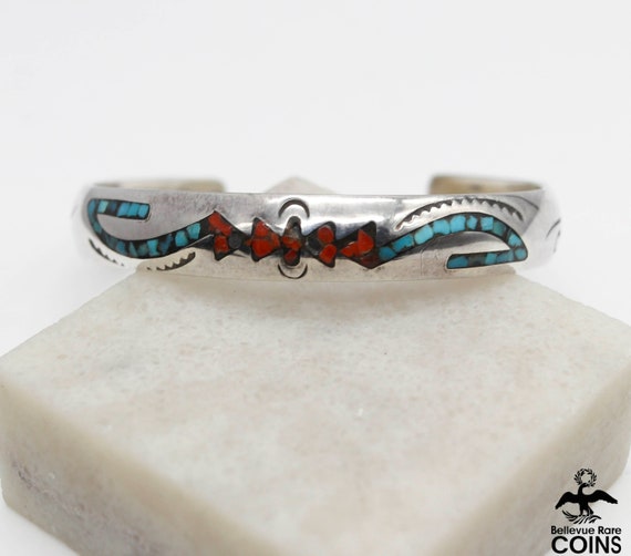 Vintage Native Hand Made Sterling Silver Turquois… - image 1