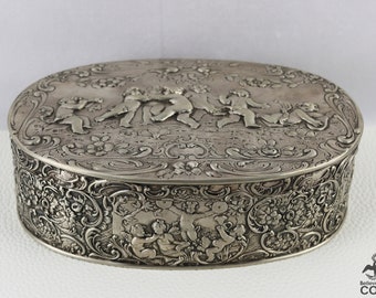 circa 1889 Germany Weinranck & Schmidt HANAU Silver .800 Cherub Putti Repousse Jewelry Box