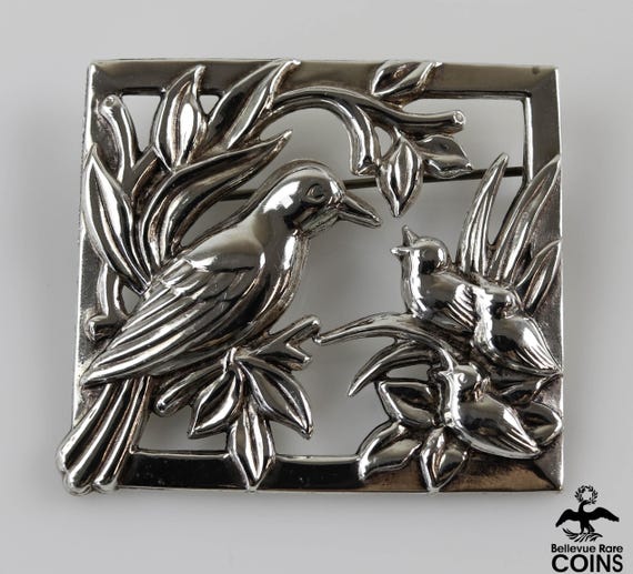 Coro Craft Sterling Silver Mother Bird & Chicks Vintage Brooch View 3