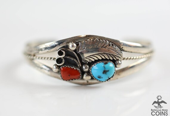 Southwestern Silver Turquoise Red Coral Cuff Brac… - image 2