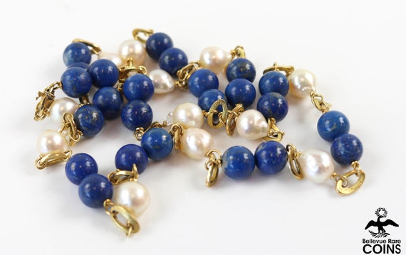 18k Yellow Gold Semi-Round White Pearl & Lapis La… - image 8