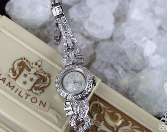 Hamilton Manual Winding Platinum & 1.00+CTW Diamond Lady's Watch w/Bakelite Box, Engraved [Howard Hughes?]
