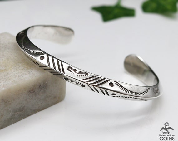 Hand Etched Native American Turquoise Sterling Silver Geometric Bracelet Hand Etched Native American Turquoise Sterling Silver Geometric Bracelet