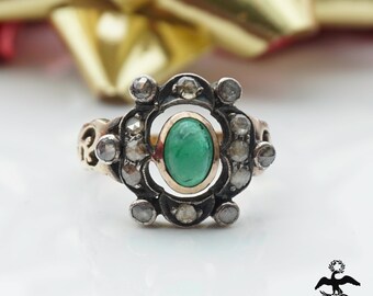 Antique 18k Yellow Gold Diamond & Emerald Art Nouveau Ring