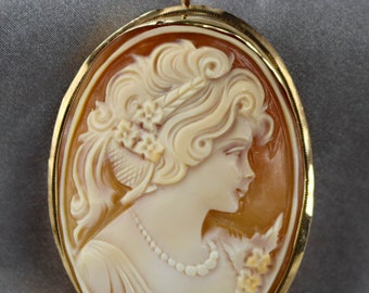 14k Yellow Gold Italian Cameo Woman Floral Pearl Necklace Victorian Carnelian Shell Pendant Brooch