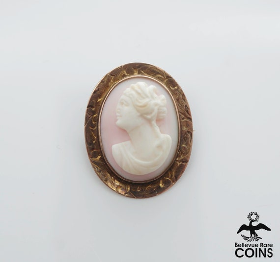 10k Yellow Gold Woman Floral Pink Shell Carved Ca… - image 1