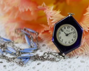 Fresard Pasadena Art Deco Vintage Hand Winding Pocket Watch Blue Links Chain