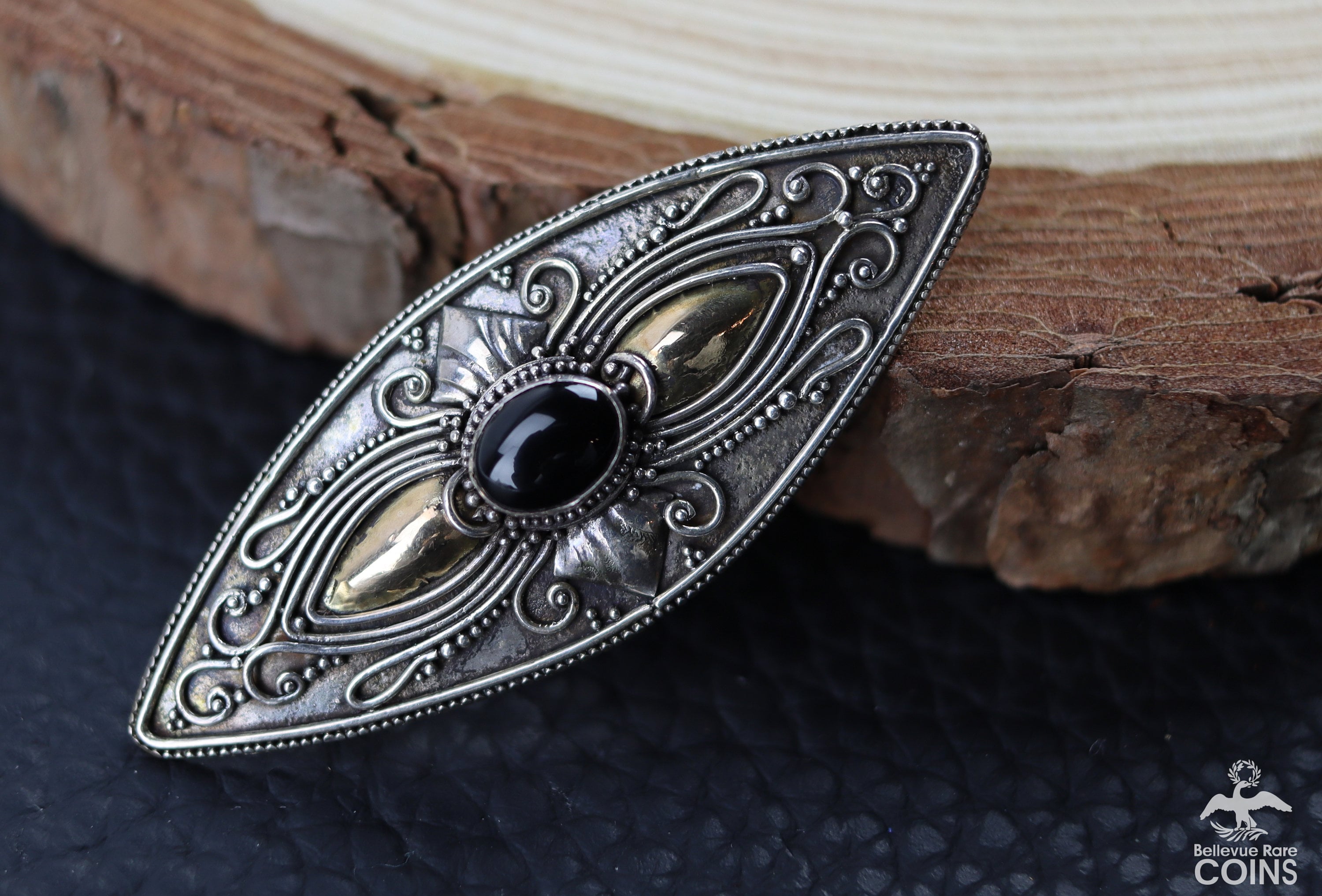 Broche Ancienne Art Déco / Nouveau En Argent 925 Et Onyx - Bijou Vintage