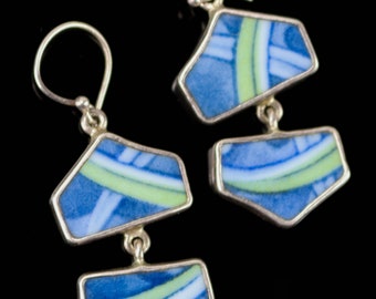 TS Sterling Silver (925) & Blue Green Glass Link Dangle Earrings w/Fish Hooks