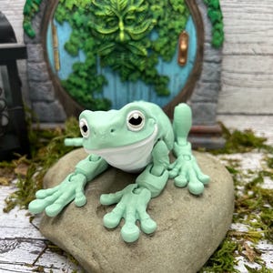 May include: A light green articulated frog figurine with white accents, posed on a gray stone. The frog has large, expressive eyes and is set against a backdrop of a green door with a carved face and a stone wall.