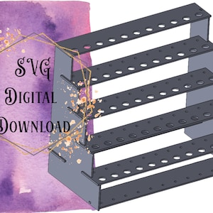 May include: A gray wooden stand with five shelves, each with multiple holes for holding items. The stand is designed for organizing and displaying items.