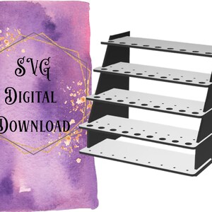 May include: SVG digital download for a four-tiered shelf with holes for holding paint brushes or other tools. The shelf is made of black wood and has a white background.