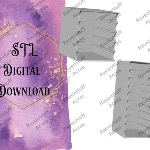 Puede incluir: Un gráfico de descarga digital con el texto "STL DIGITAL DOWNLOAD" en negro sobre un fondo de acuarela púrpura y dorado. También se muestran dos objetos grises impresos en 3D.