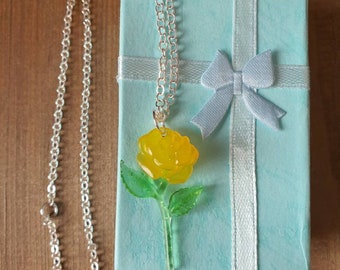 Yellow Rose Pendant Necklace, Yellow translucent resin Rose with Green translucent resin stalk, with Silver plate necklace chain