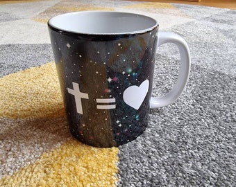 Cross equals Love Mug, white with star background. 11oz capacity with white gift box