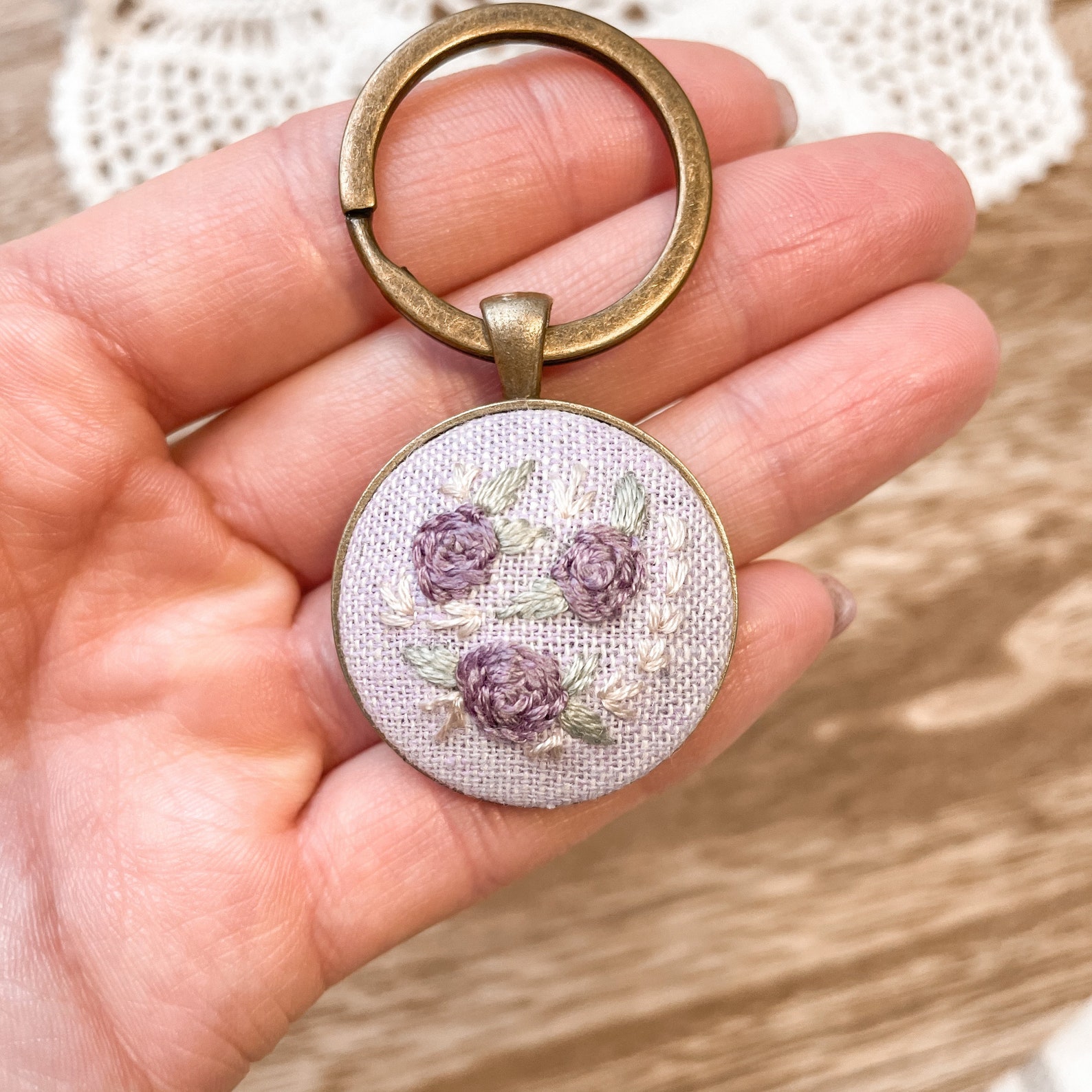 Hand Embroidered Keychain Floral Keychain Purple Vintage Etsy