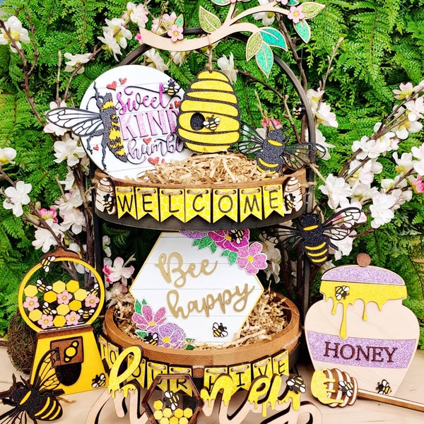 Honey Bee Tiered Tray, Beehive, Honeycomb, Bee Decor, Honey Decor, Tiered Tray Decor, Honey Dipper, Spring Decor, Bee Happy, Farmhouse Decor