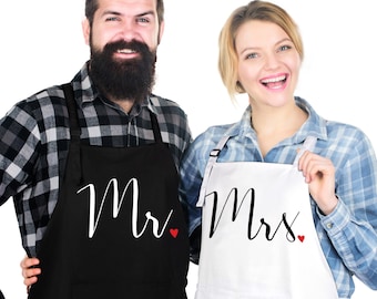 Mr and Mrs His & Hers Aprons for Couples - Housewarming Gifts for New Home , Mr Mrs Apron Bridal Shower Gift for Bride and Engagement Gift