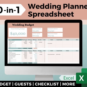 以下が含まれることがあります： Excelで作成された結婚式プランナーのスプレッドシートが表示されたコンピューター画面。スプレッドシートには、予算、ゲストリスト、チェックリストのセクションが含まれています。スプレッドシートのタイトルは「10-in-1 Wedding Planner Spreadsheet」です。