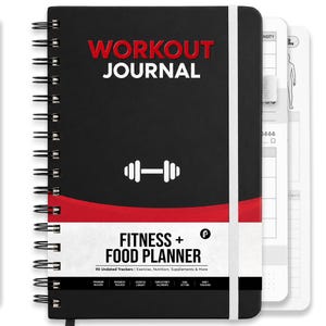 May include: A black spiral-bound workout journal with a white elastic closure. The cover features the text WORKOUT JOURNAL in red and white, a white dumbbell icon, and the text FITNESS + FOOD PLANNER with 90 Undated Trackers and other labels.
