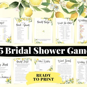 Może przedstawiać: Zestaw 35 drukowanych gier na wieczór panieński w motywie cytrynowym. Gry obejmują "What's in Your Purse?", "Bride or Groom", "Bridal Bingo", "Would She Rather", "Wedding Emoji Pictionary", "Ring Hunt", "Bridal Feud", "Advice & Wishes", "Word Search" i "Wedding Traditions".