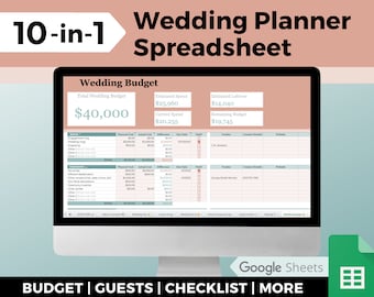 10-in-1 Wedding Spreadsheet - Online Budget Planner, Guest List Template Google Sheets Checklist, Expense Worksheet & Venue Comparison