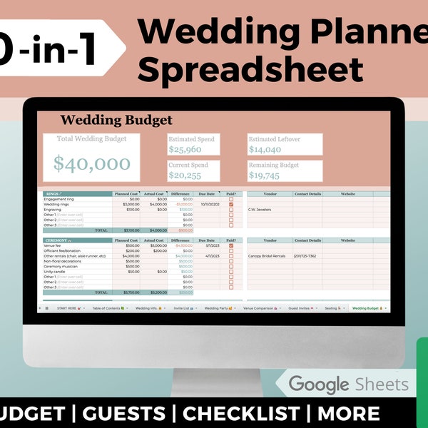 10-in-1 Wedding Spreadsheet - Online Budget Planner, Guest List Template Google Sheets Checklist, Expense Worksheet & Venue Comparison