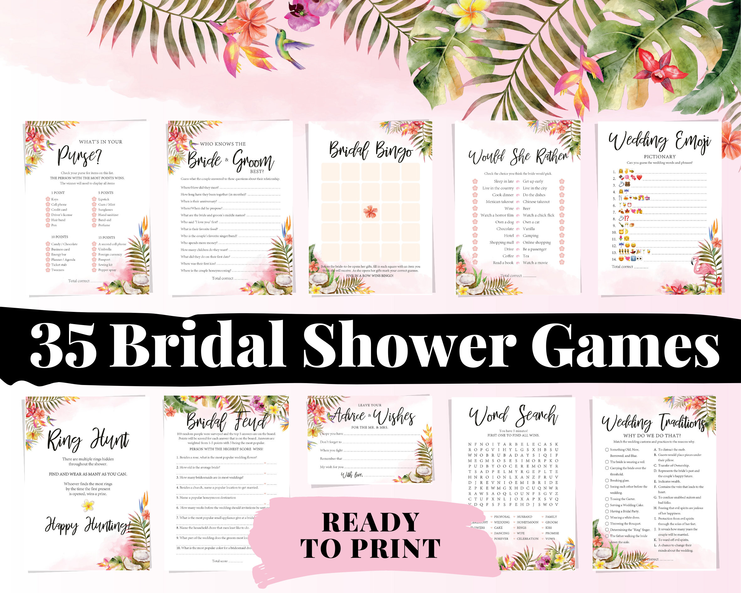35 Fun Printable Tropical Bridal Shower Games & Wedding Shower Game Ideas for Bride Activities - Unique Would She Rather Questions and Bingo