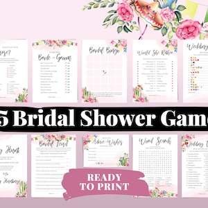 May include: A set of 35 printable bridal shower games with a pink and green color scheme. The games include "Wedding Emoji", "Would She Rather", "Bride or Groom", "Bridal Feud", "Ring Hunt", "Advice & Wishes", "Word Search", and "Wedding Traditions".