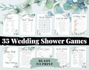 35 Fun Printable Wedding Shower Games for Couples and Groups - Greenery Wedding Shower Bingo, Questions, Shoe Game, Emoji, Trivia & More!